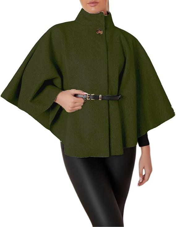 "Women's Batwing Sleeves Belted Cape Coat with Turtle Neck, Front Button Closure, Casual Winter Jumper Jacket