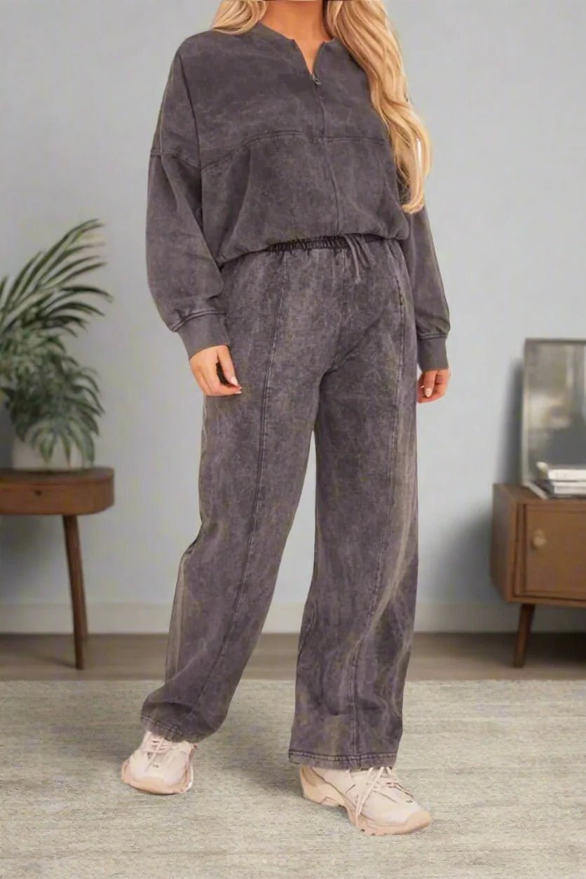 Acid Wash Effect Fleece Zip Front Bomber Sweatshirt & Joggers Loungewear Co - Ord Set - Remzs Fashion
