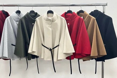 "Women's Batwing Sleeves Belted Cape Coat with Turtle Neck, Front Button Closure, Casual Winter Jumper Jacket