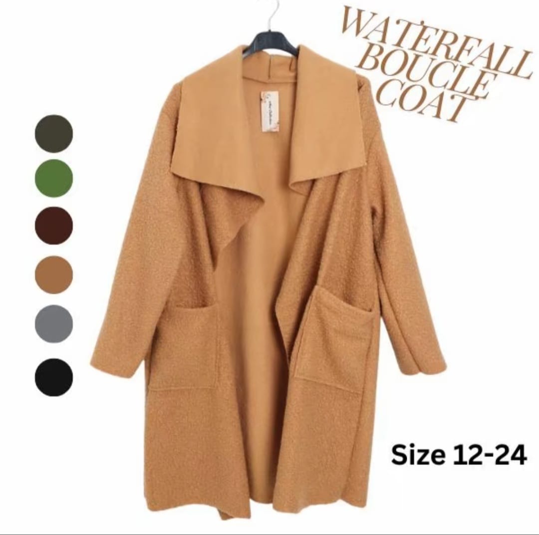 Boucle Waterfall Coat with Collar and Pockets - Casual Womenswear jackets outerwear long sleeves plus size coat - Remzs Fashion