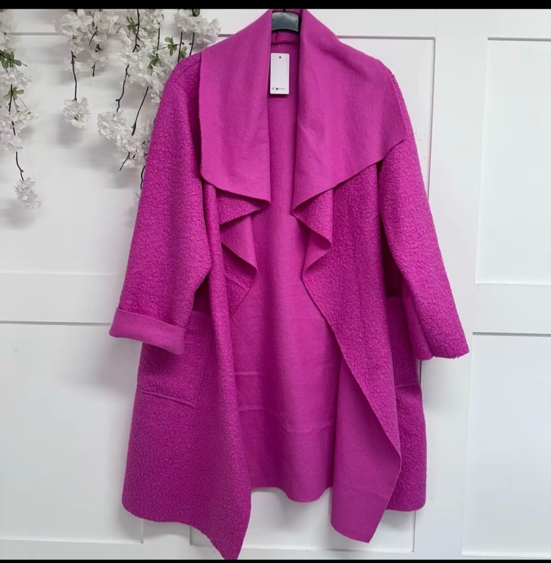 Boucle Waterfall Coat with Collar and Pockets - Casual Womenswear jackets outerwear long sleeves plus size coat - Remzs Fashion