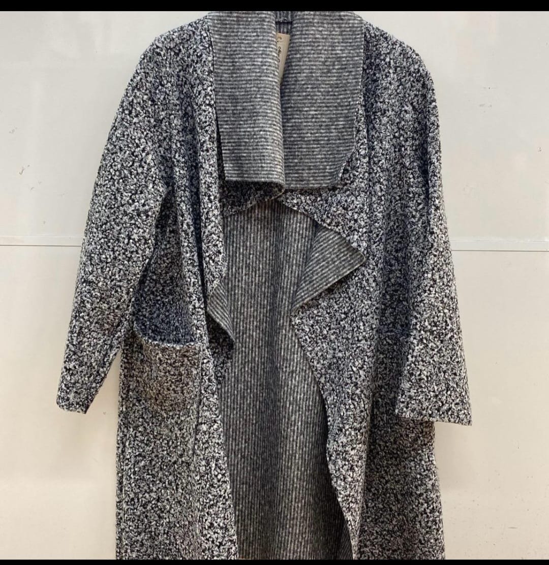 Boucle Waterfall Coat with Collar and Pockets - Casual Womenswear jackets outerwear long sleeves plus size coat - Remzs Fashion