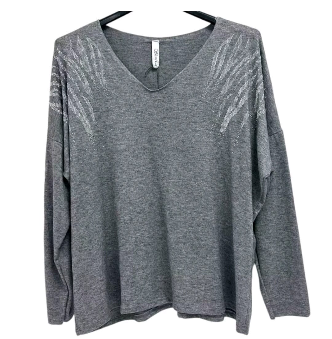 Harlow Stud Diamante on Shoulder Long Sleeve soft Knit Jumper women wear - Remzs Fashion