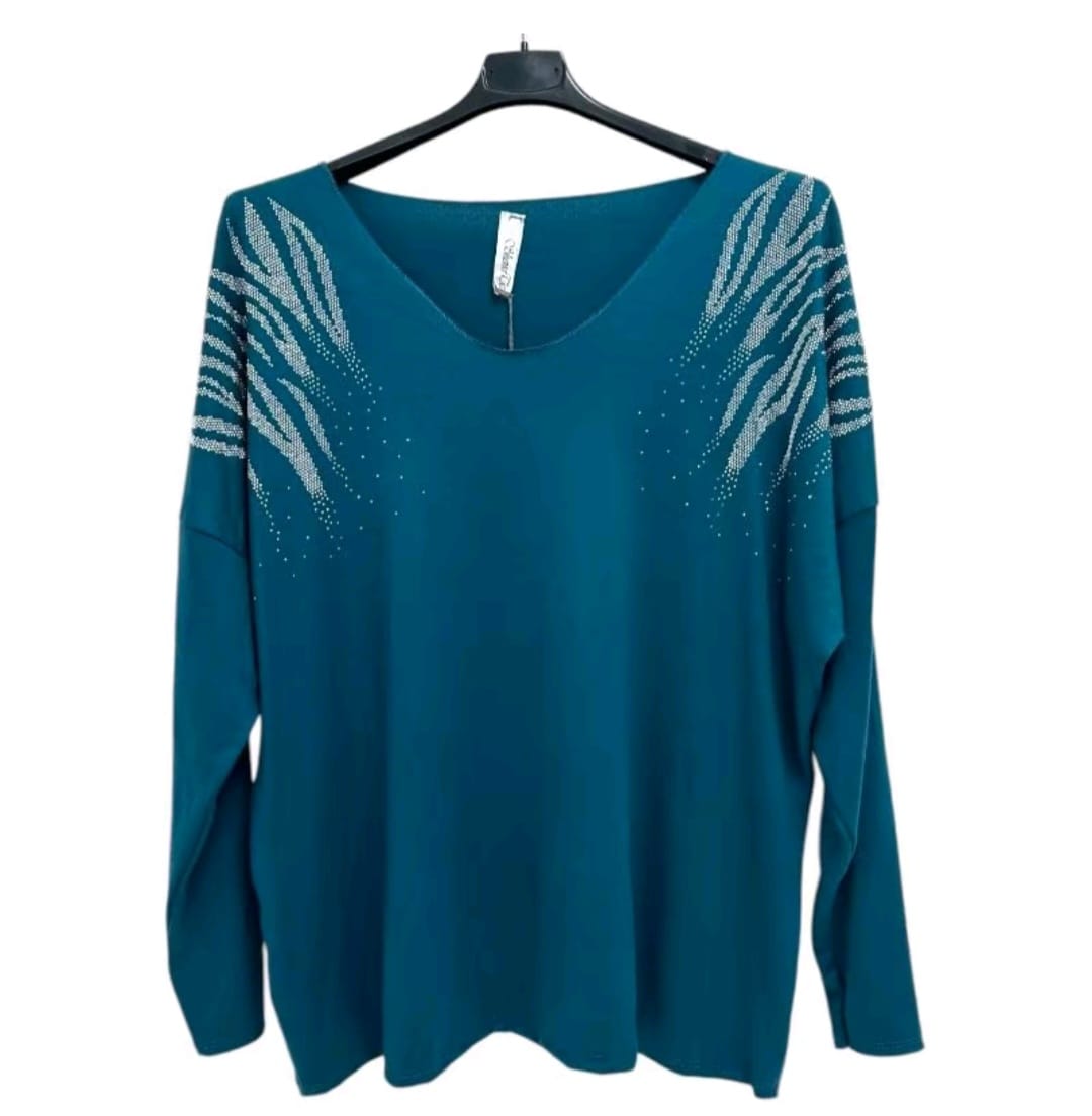 Harlow Stud Diamante on Shoulder Long Sleeve soft Knit Jumper women wear - Remzs Fashion