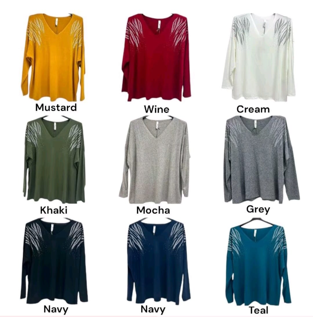 Harlow Stud Diamante on Shoulder Long Sleeve soft Knit Jumper women wear - Remzs Fashion