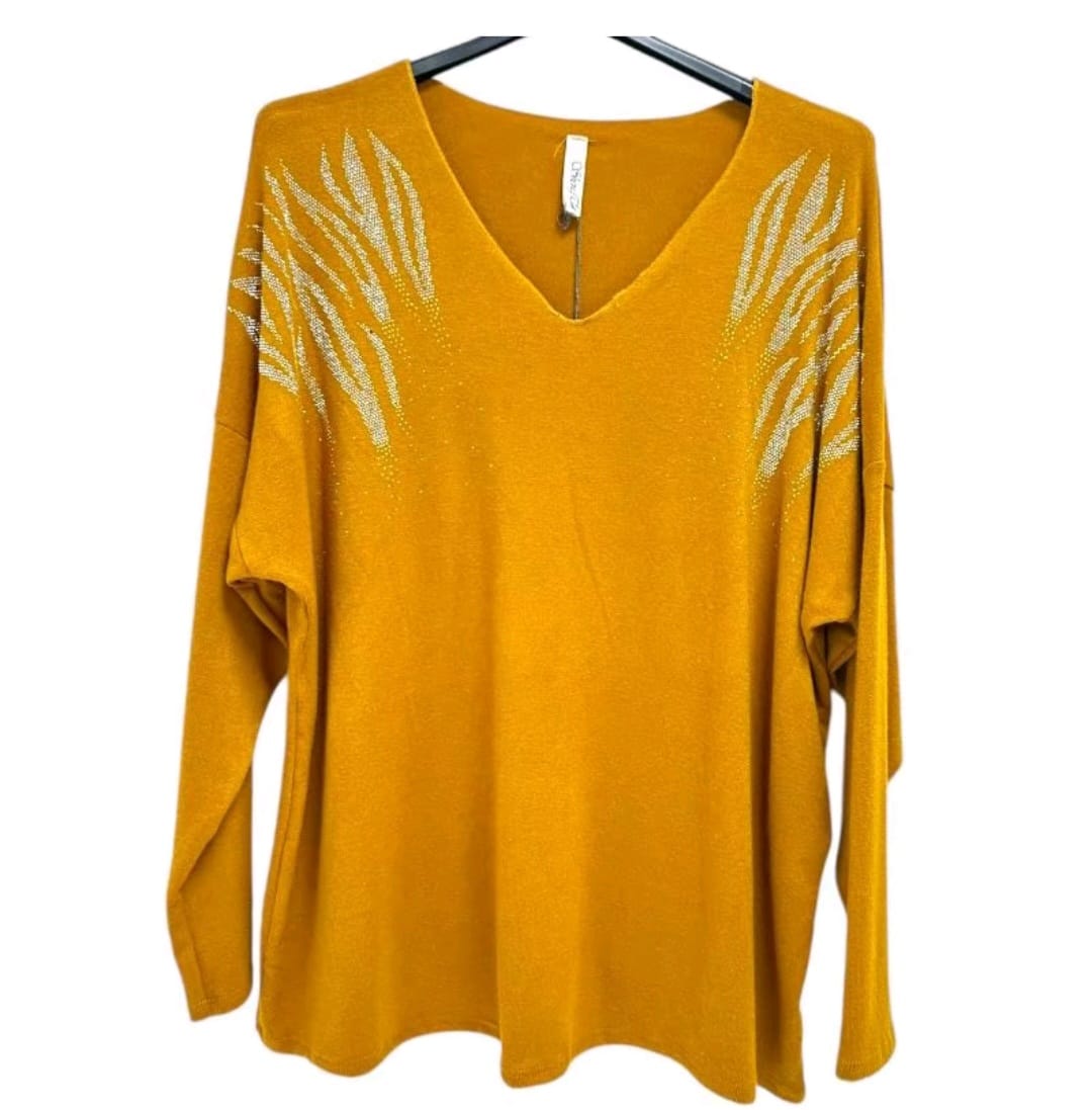 Harlow Stud Diamante on Shoulder Long Sleeve soft Knit Jumper women wear - Remzs Fashion