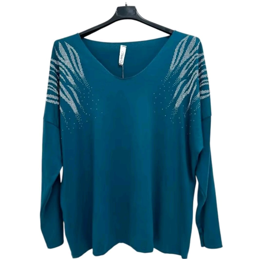Harlow Stud Diamante on Shoulder Long Sleeve soft Knit Jumper women wear - Remzs Fashion