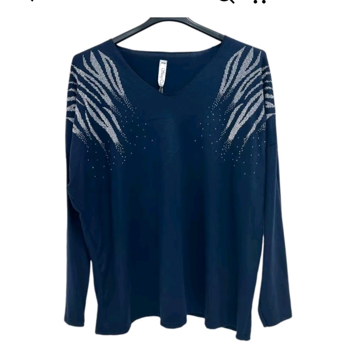 Harlow Stud Diamante on Shoulder Long Sleeve soft Knit Jumper women wear - Remzs Fashion