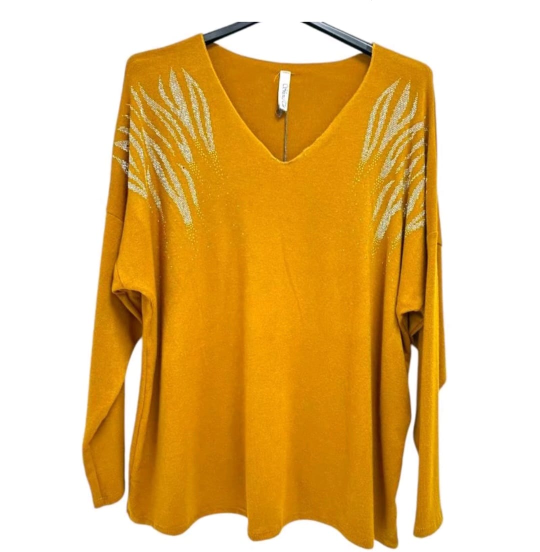 Harlow Stud Diamante on Shoulder Long Sleeve soft Knit Jumper women wear - Remzs Fashion