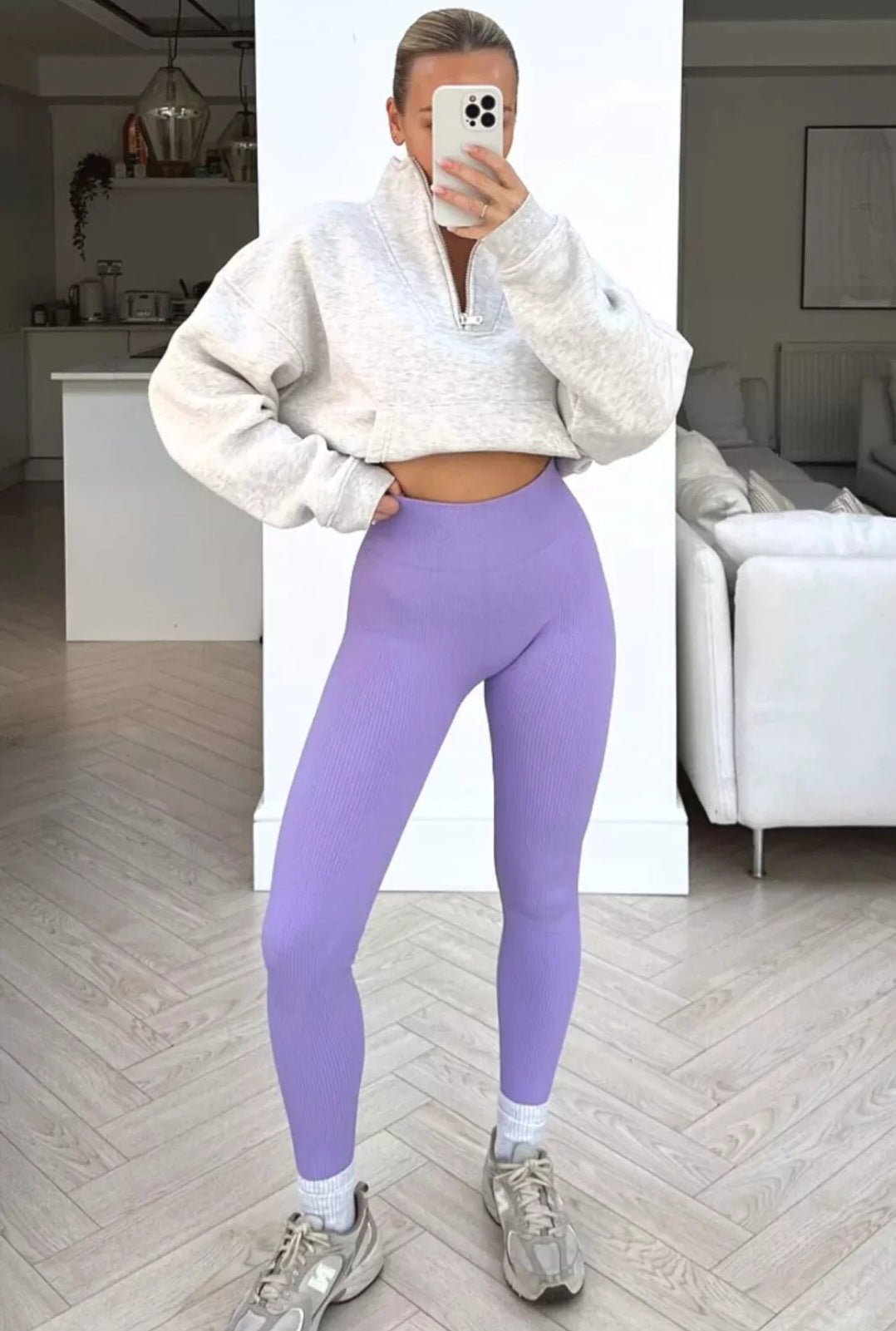 Honey High - Waisted Ribbed Seamless Leggings with Fluffy Slippers - Cozy Outfit Inspiration - Remzs Fashion