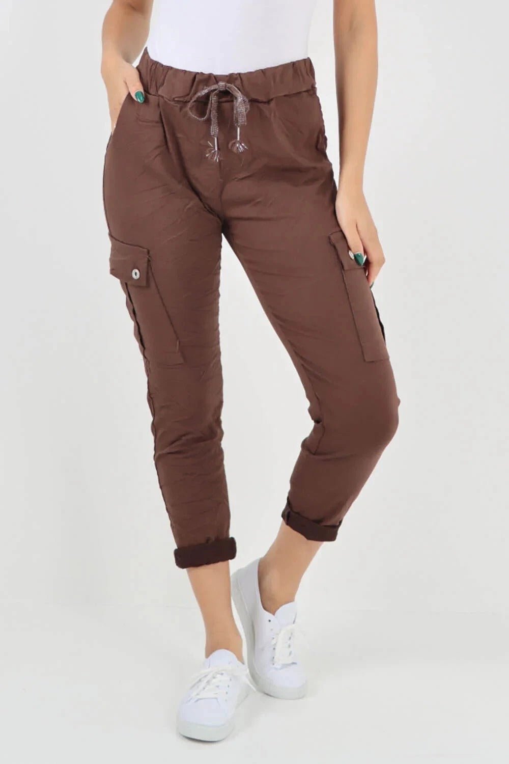 Italian Magic Cargo Pants with Drawstring Waistband and Pockets - Remzs Fashion