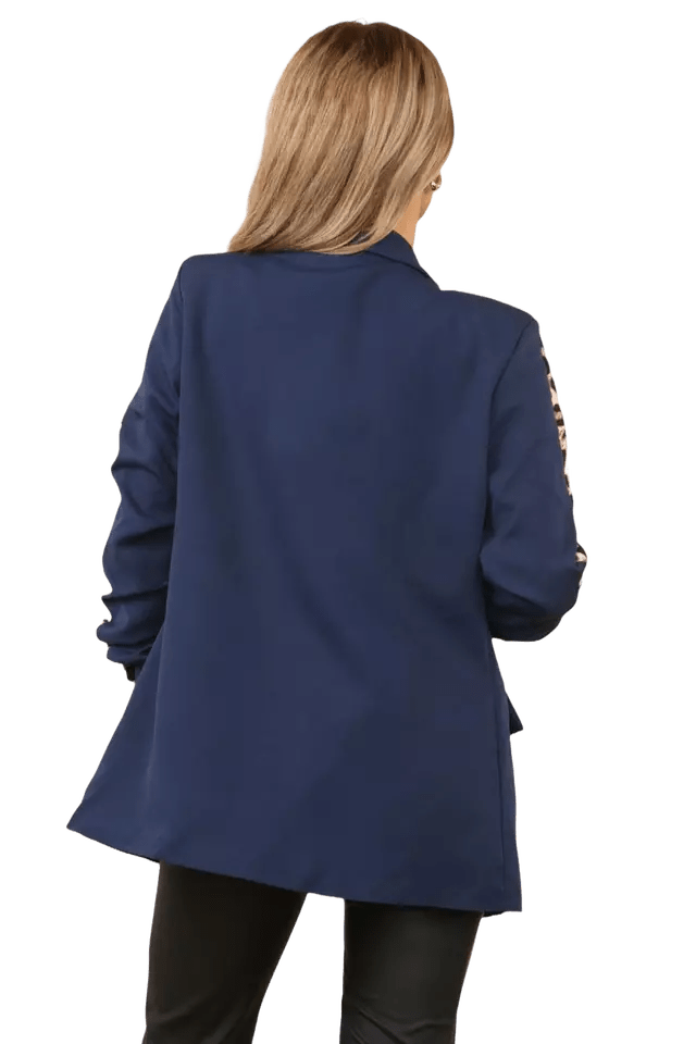 Ladies Italian Rouge Sleeve Leopard Open Front Blazer 2 Front Mock Flap Pockets - Remzs Fashion