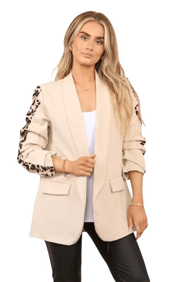Ladies Italian Rouge Sleeve Leopard Open Front Blazer 2 Front Mock Flap Pockets - Remzs Fashion