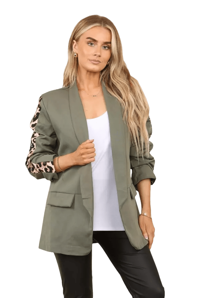 Ladies Italian Rouge Sleeve Leopard Open Front Blazer 2 Front Mock Flap Pockets - Remzs Fashion