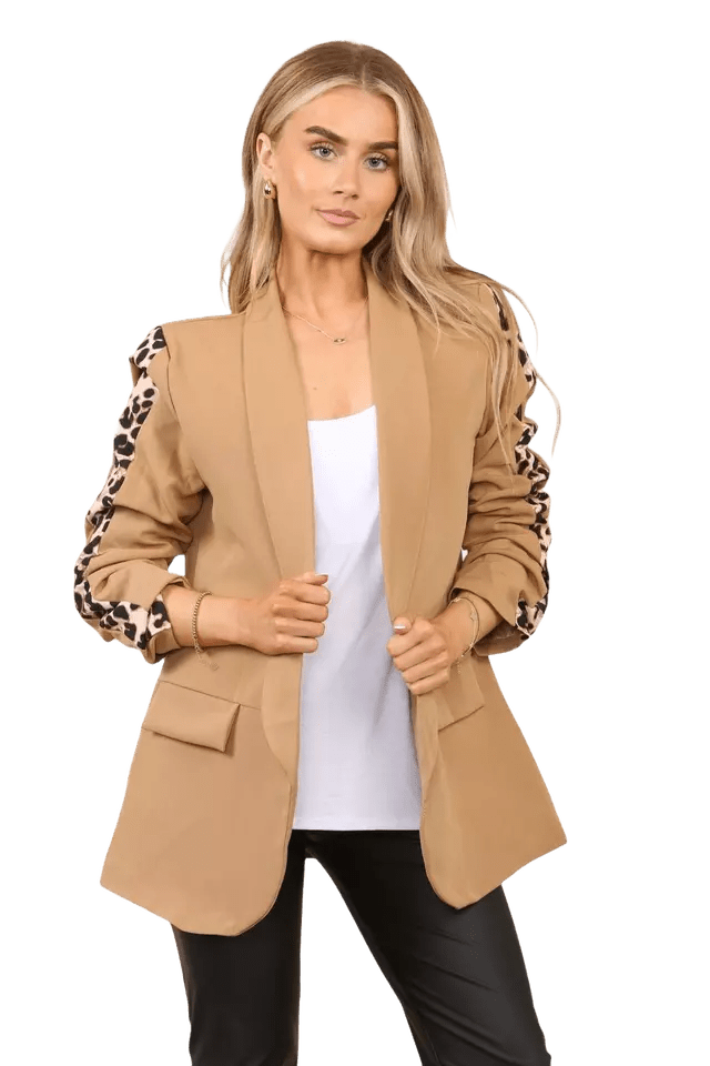 Ladies Italian Rouge Sleeve Leopard Open Front Blazer 2 Front Mock Flap Pockets - Remzs Fashion
