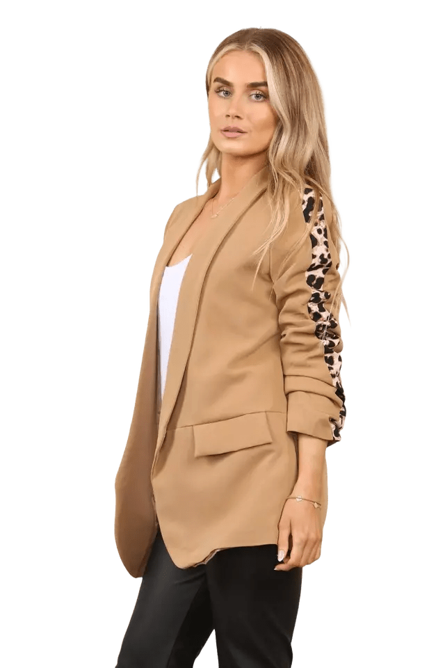 Ladies Italian Rouge Sleeve Leopard Open Front Blazer 2 Front Mock Flap Pockets - Remzs Fashion