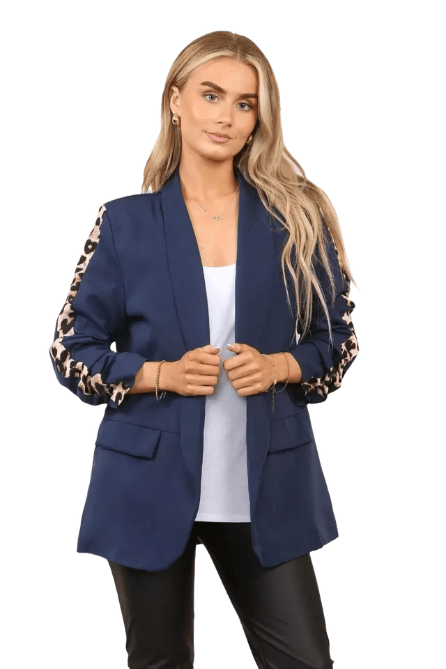 Ladies Italian Rouge Sleeve Leopard Open Front Blazer 2 Front Mock Flap Pockets - Remzs Fashion
