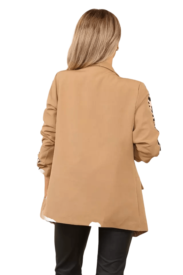 Ladies Italian Rouge Sleeve Leopard Open Front Blazer 2 Front Mock Flap Pockets - Remzs Fashion