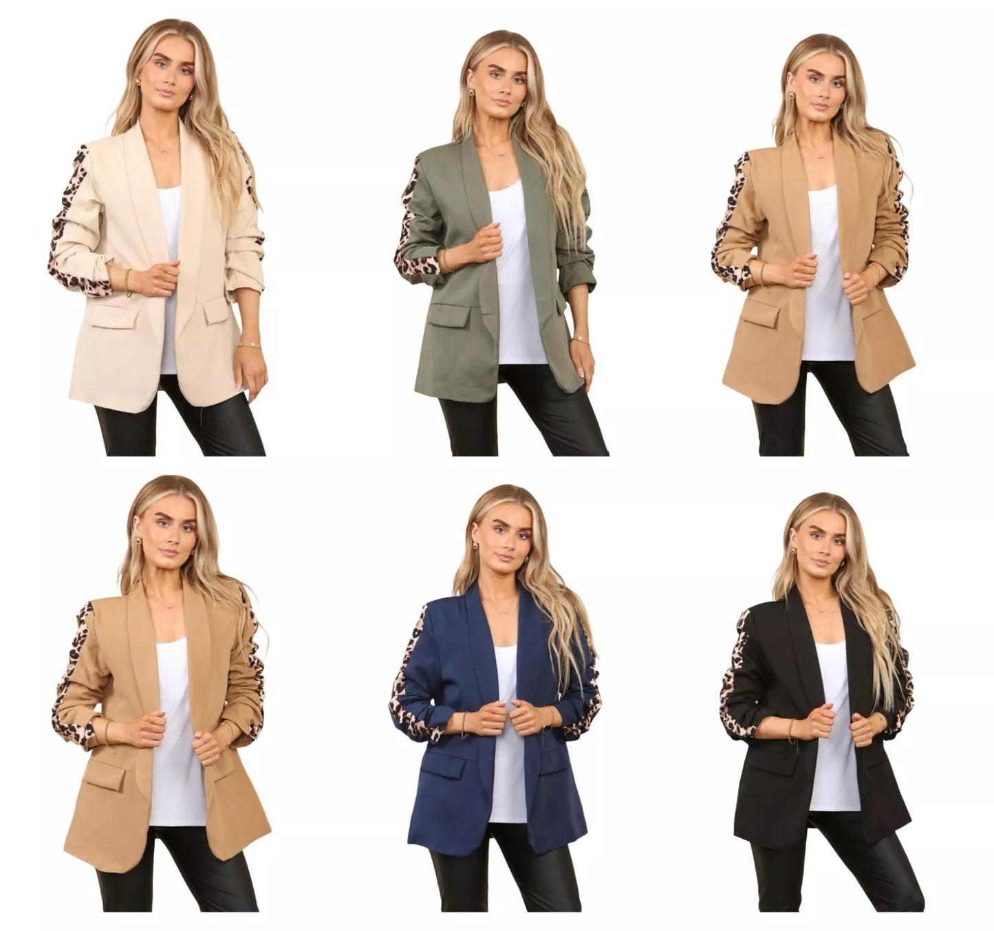 Ladies Italian Rouge Sleeve Leopard Open Front Blazer 2 Front Mock Flap Pockets - Remzs Fashion