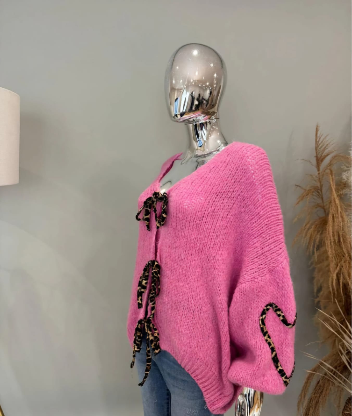 Leopard Heart Sleeve Bow Cardigan for Women - Remzs Fashion