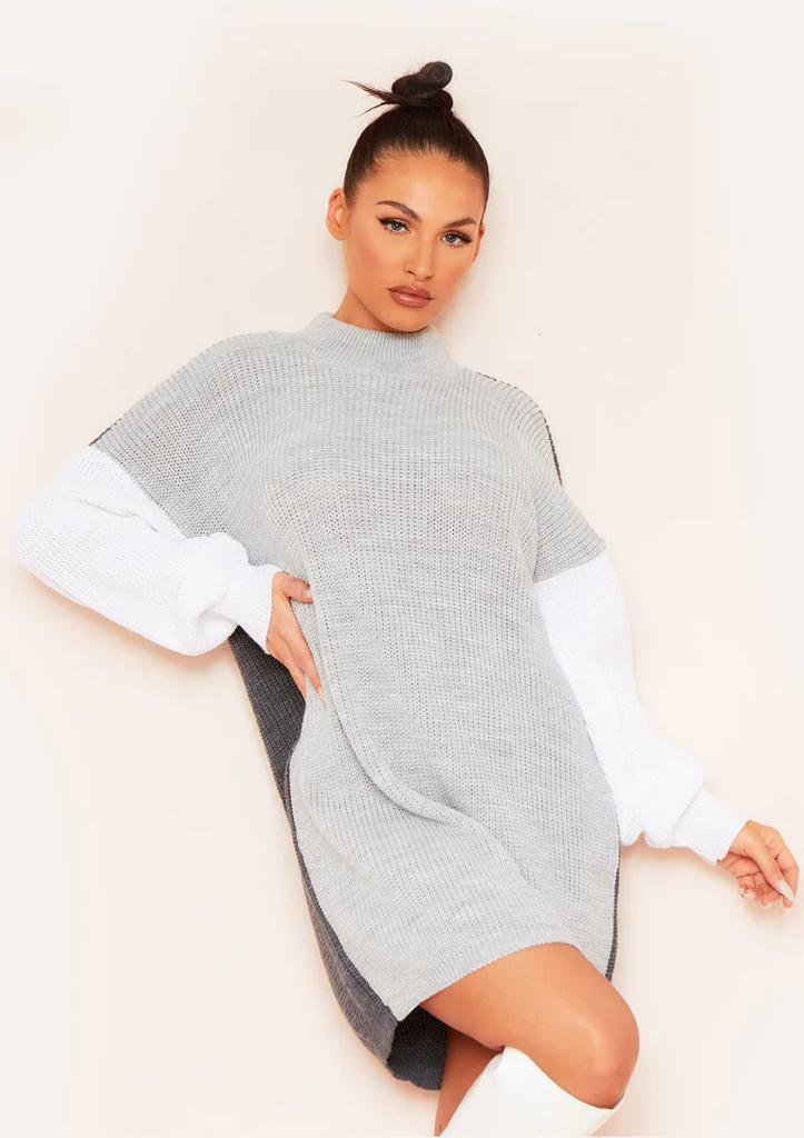 Milly Grey Colourblock Rib Knitted High Neck Jumper Dress. - Remzs Fashion