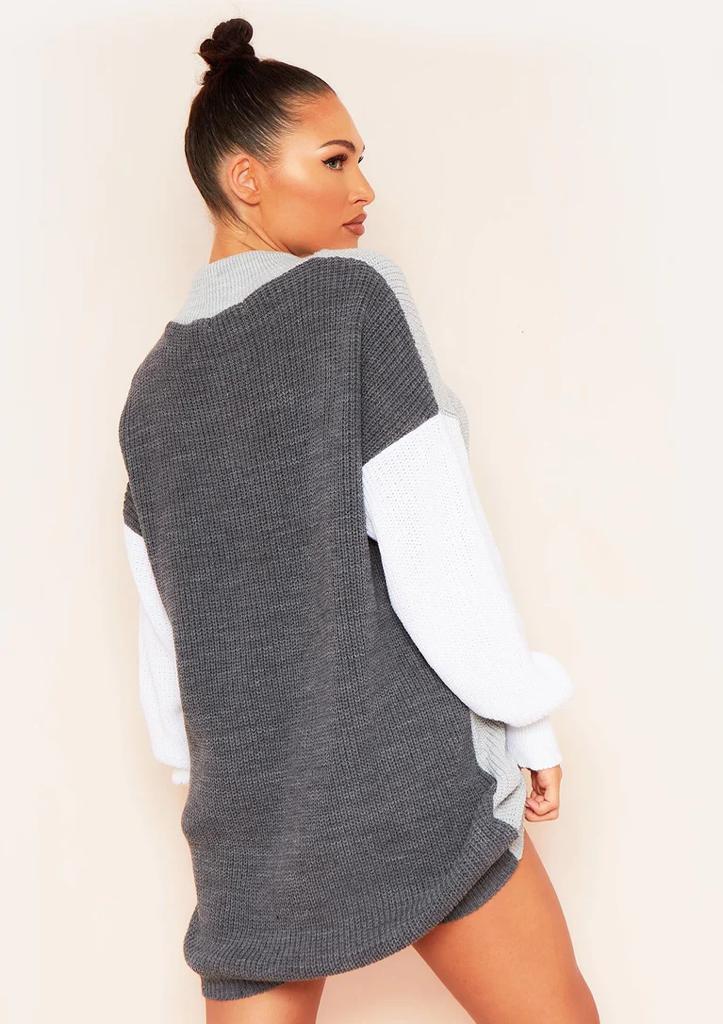 Milly Grey Colourblock Rib Knitted High Neck Jumper Dress. - Remzs Fashion