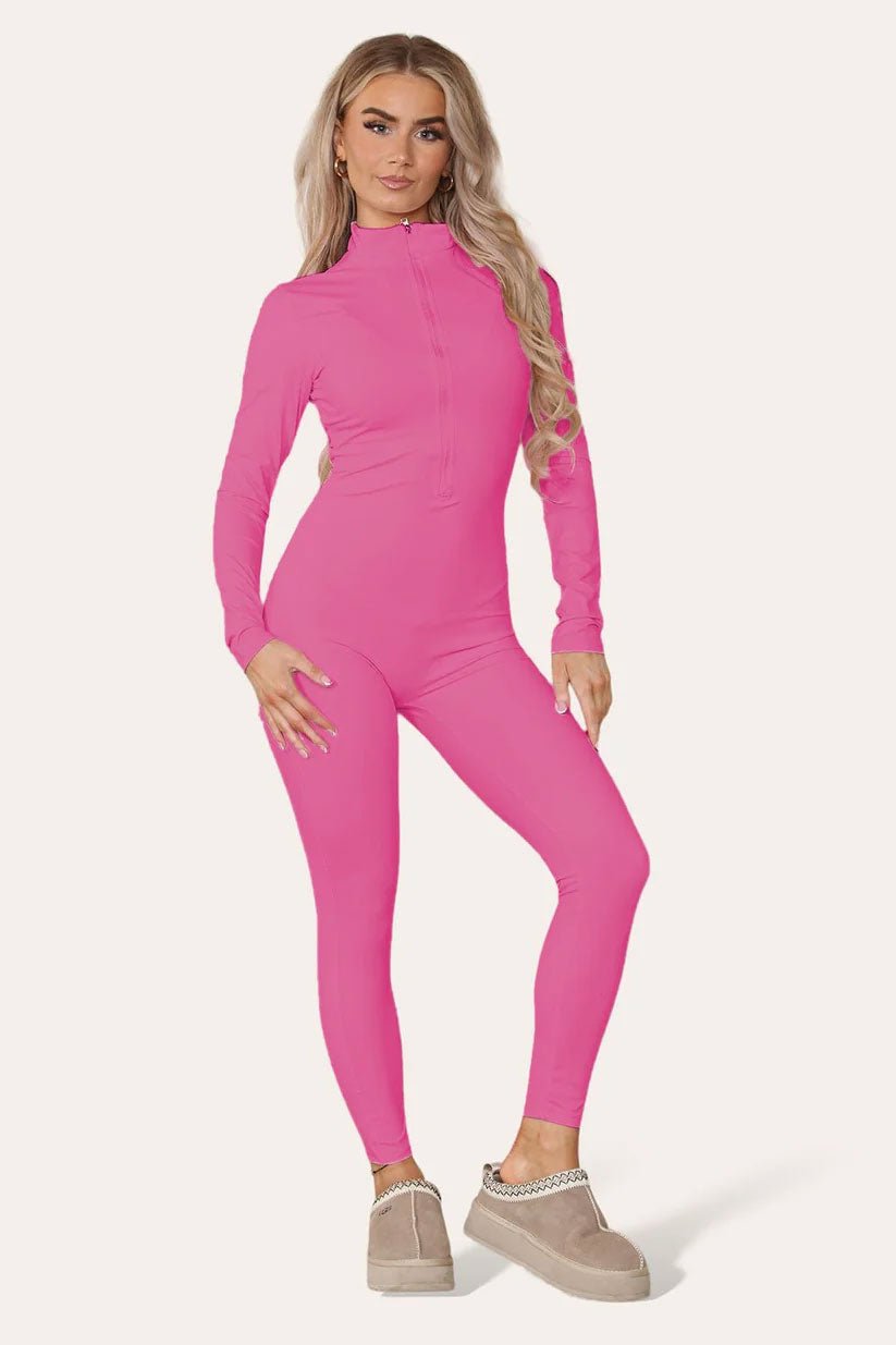 Ribbed High Neck Zipper Collar Jumpsuit Front Unitard Set - Remzs Fashion