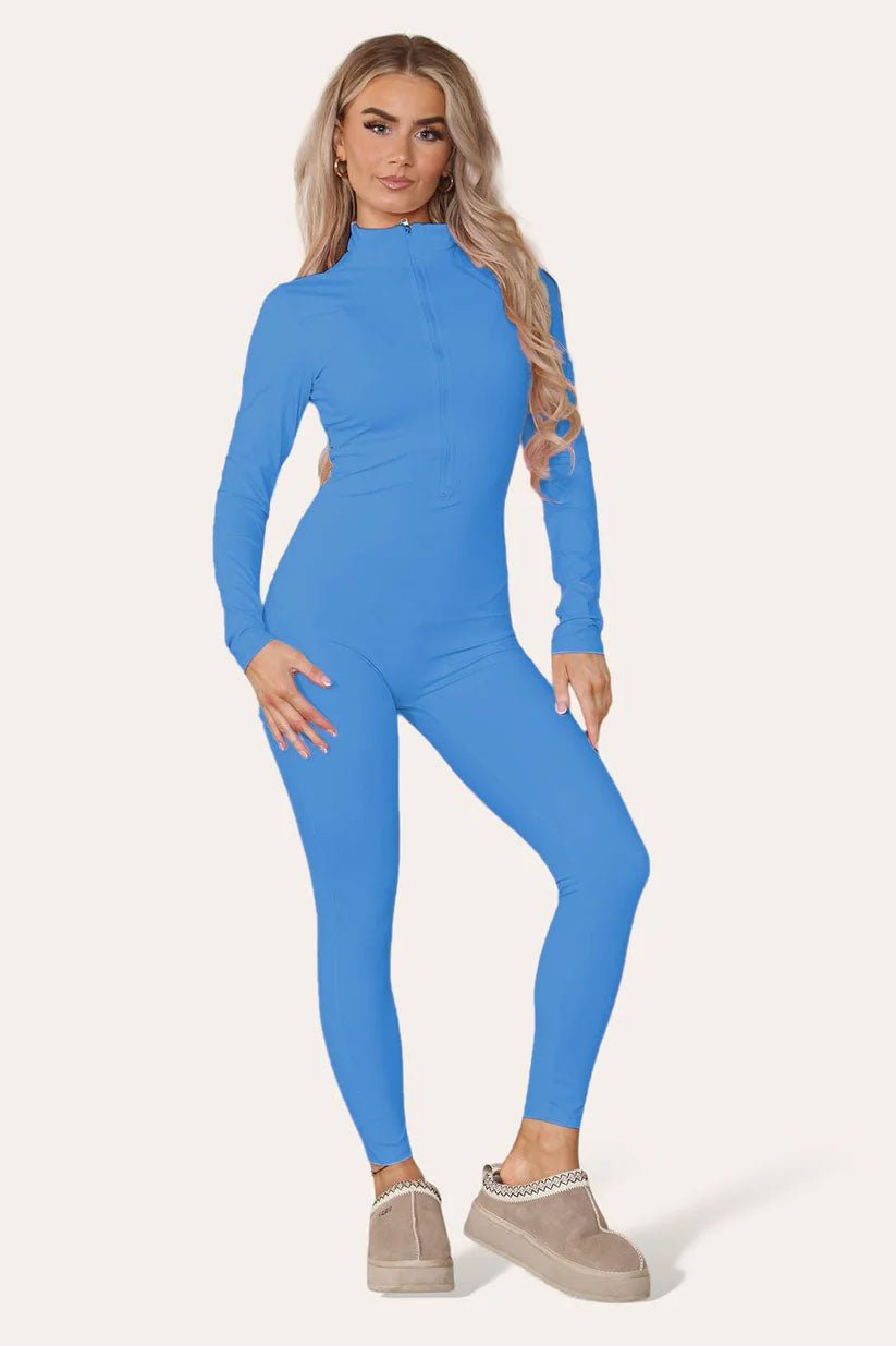 Ribbed High Neck Zipper Collar Jumpsuit Front Unitard Set - Remzs Fashion