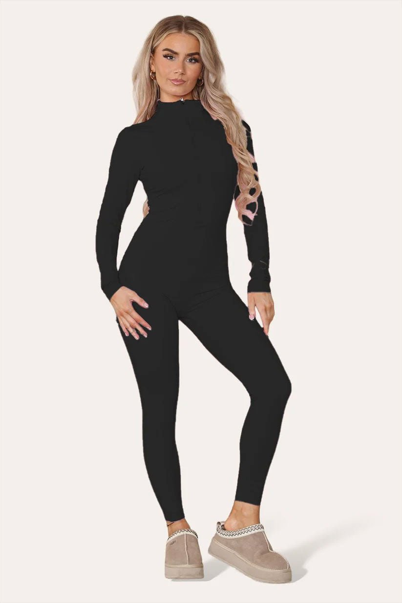Ribbed High Neck Zipper Collar Jumpsuit Front Unitard Set - Remzs Fashion