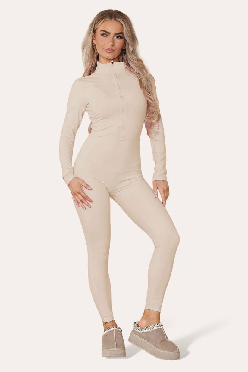 Ribbed High Neck Zipper Collar Jumpsuit Front Unitard Set - Remzs Fashion