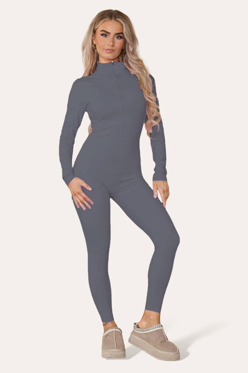 Ribbed High Neck Zipper Collar Jumpsuit Front Unitard Set - Remzs Fashion