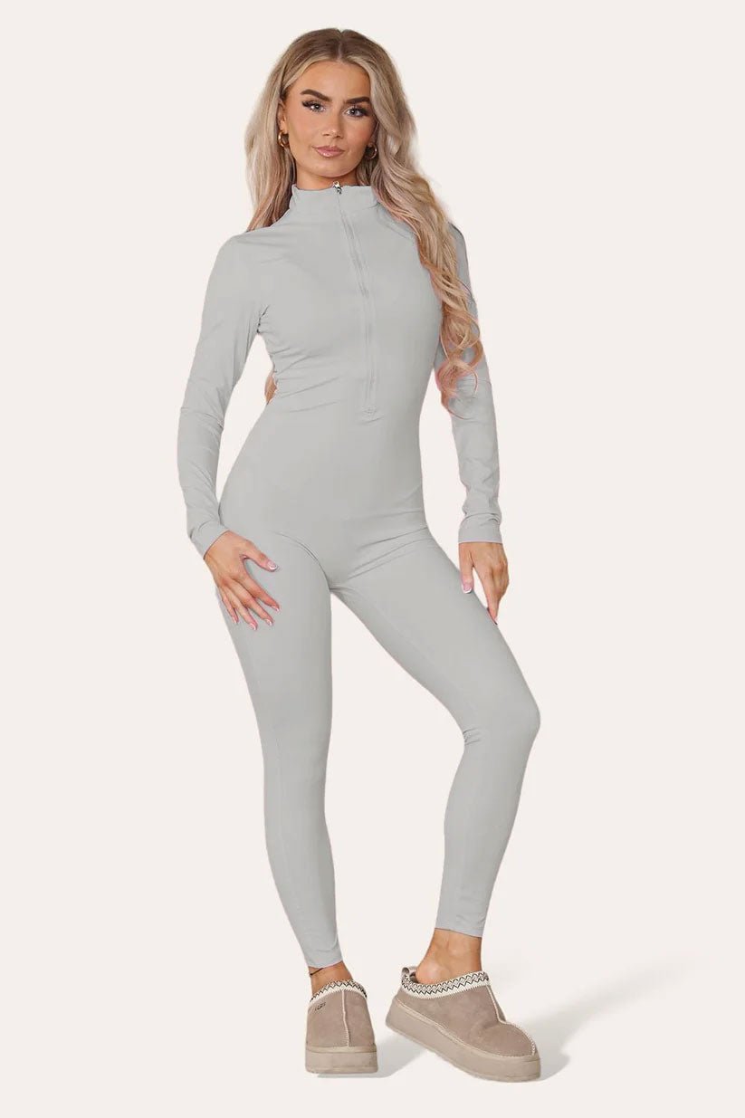 Ribbed High Neck Zipper Collar Jumpsuit Front Unitard Set - Remzs Fashion