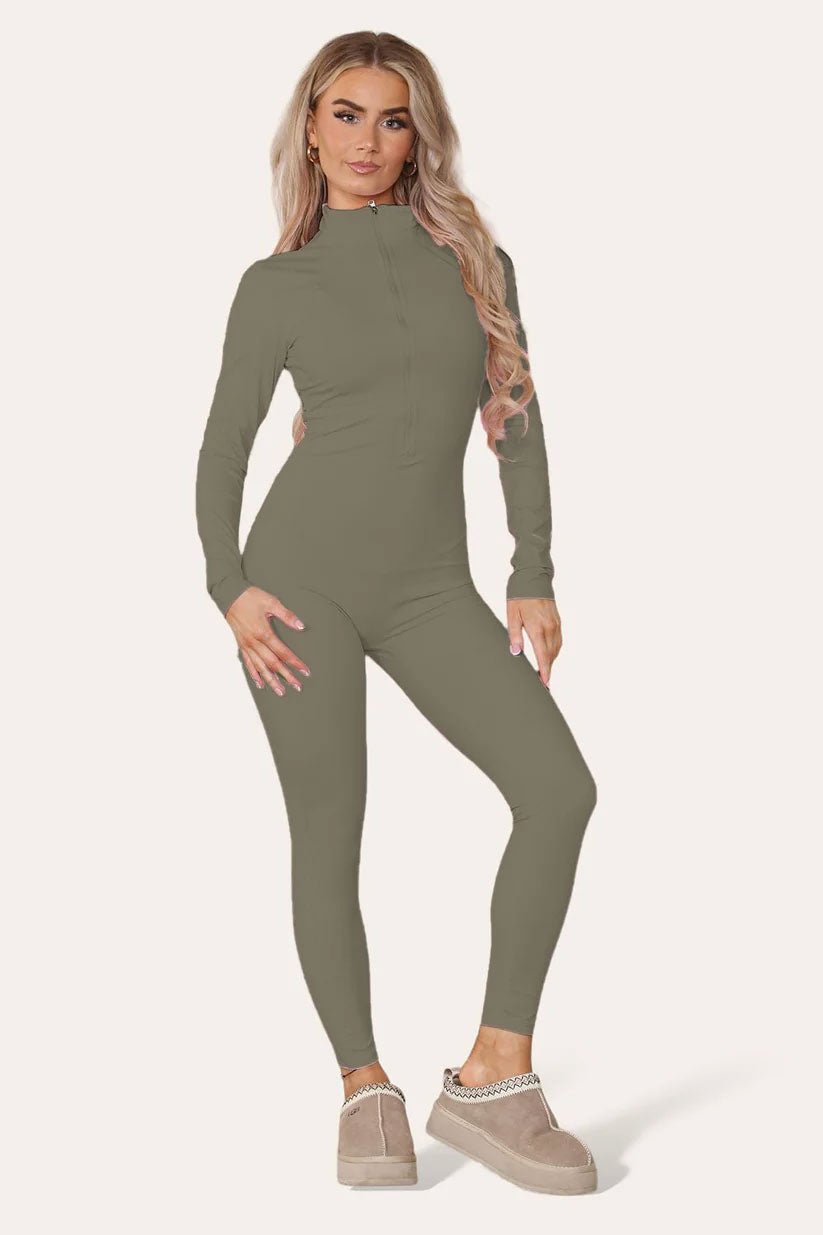 Ribbed High Neck Zipper Collar Jumpsuit Front Unitard Set - Remzs Fashion
