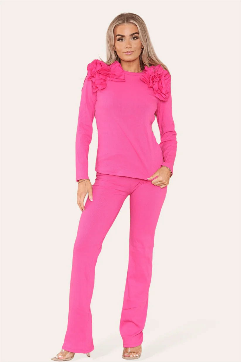 Ruffle Frill Shoulder Ribbed Loungewear Co-Ord Top & Trouser Set - Remzs Fashion