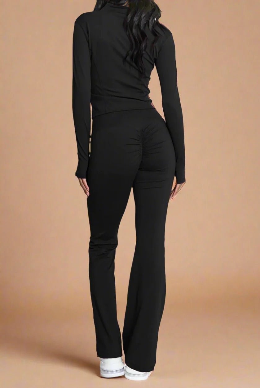 Super Active Zip Top and Push Up Flared Trousers Ruched Bum Gym Set - Remzs Fashion