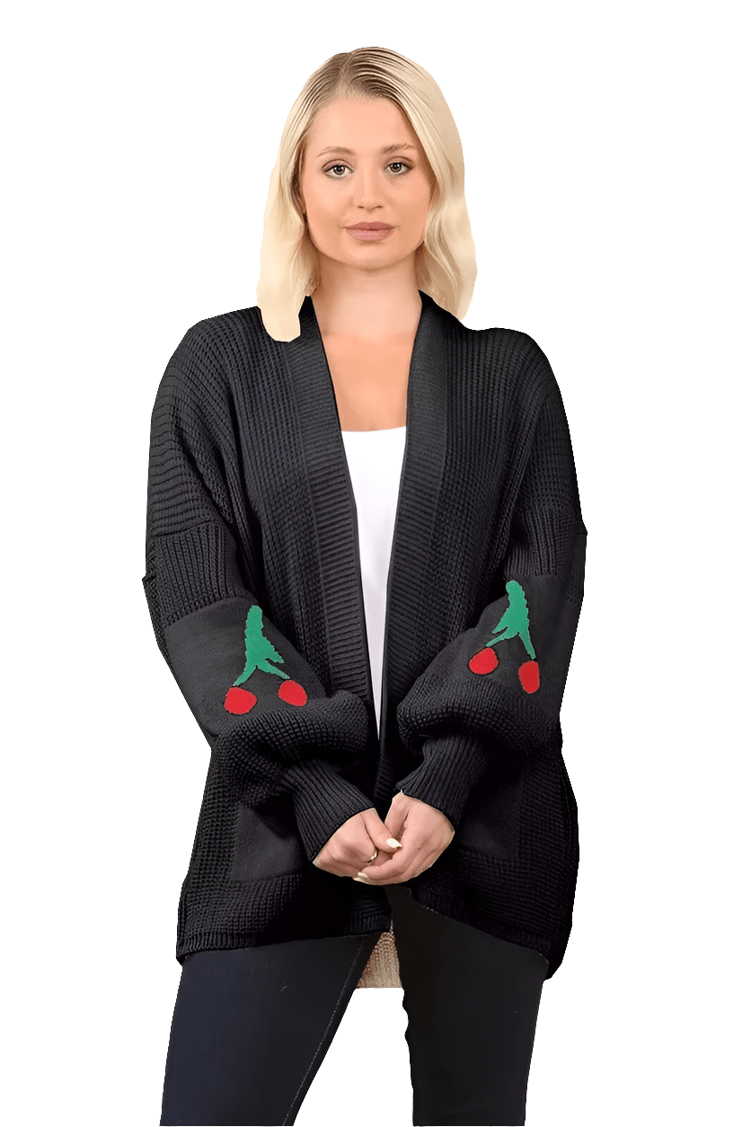Women Cherry Print Balloon Sleeve Cardigan Fashion Knitted Sweater Jumper Top - Remzs Fashion