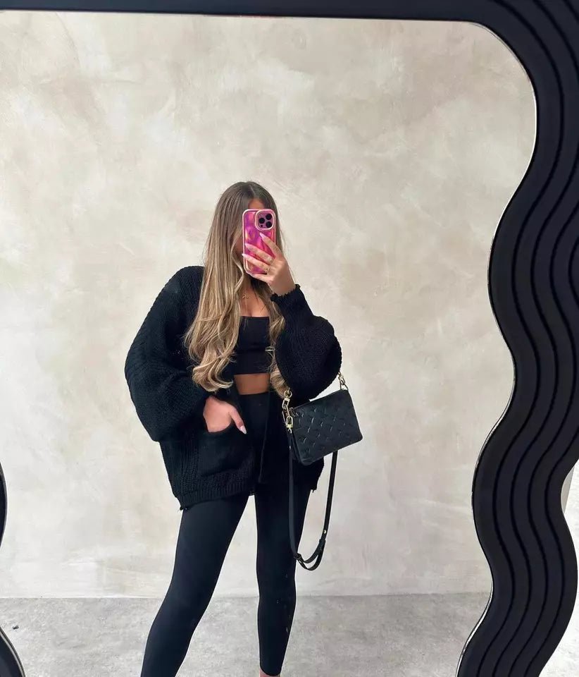 Women Chunky Knitted Oversize Cardigan Ladies Balloon Sleeve Long Short Cardigan - Remzs Fashion