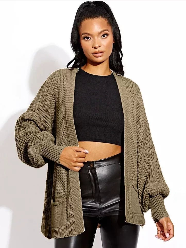 Women Chunky Knitted Oversize Cardigan Ladies Balloon Sleeve Long Short Cardigan - Remzs Fashion