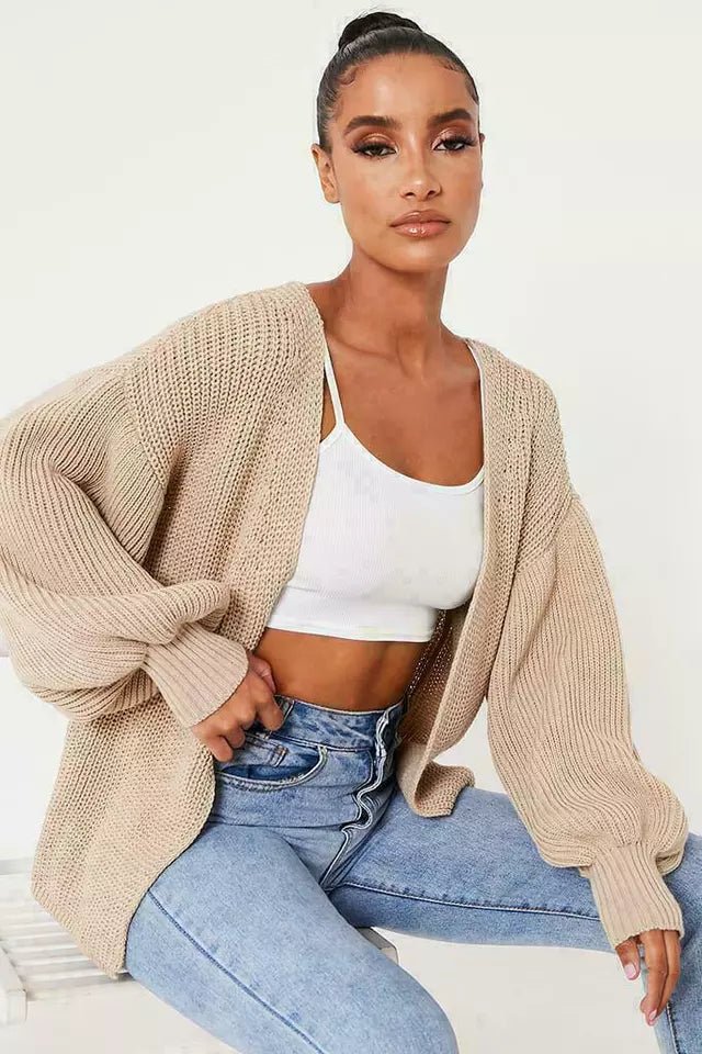 Women Chunky Knitted Oversize Cardigan Ladies Balloon Sleeve Long Short Cardigan - Remzs Fashion