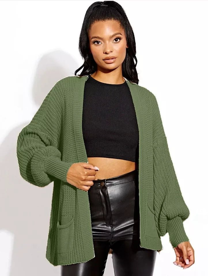 Women Chunky Knitted Oversize Cardigan Ladies Balloon Sleeve Long Short Cardigan - Remzs Fashion