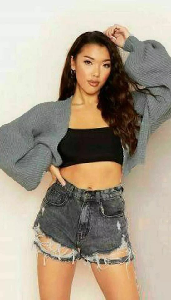 Women Chunky Knitted Oversize Cardigan Ladies Balloon Sleeve Long Short Cardigan - Remzs Fashion