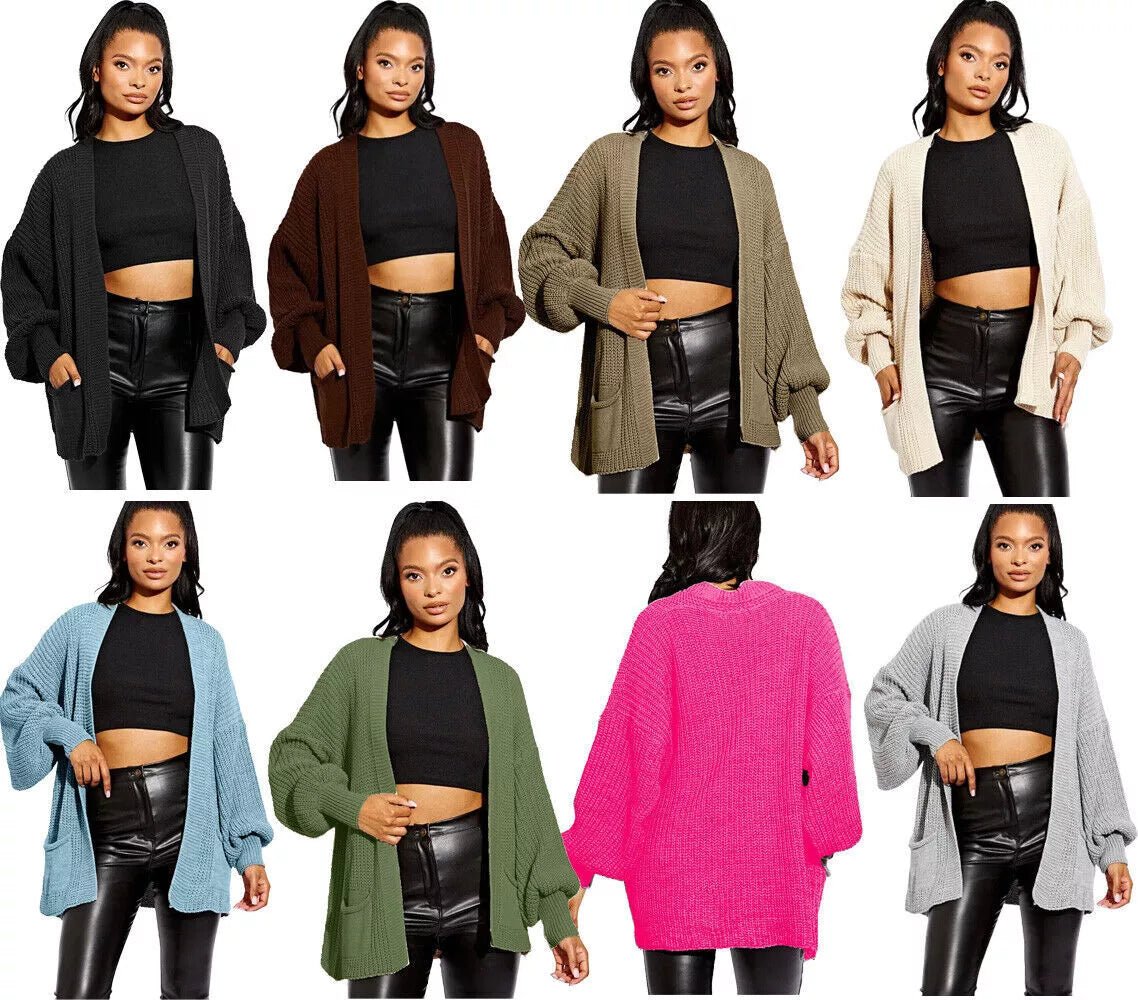 Women Chunky Knitted Oversize Cardigan Ladies Balloon Sleeve Long Short Cardigan - Remzs Fashion