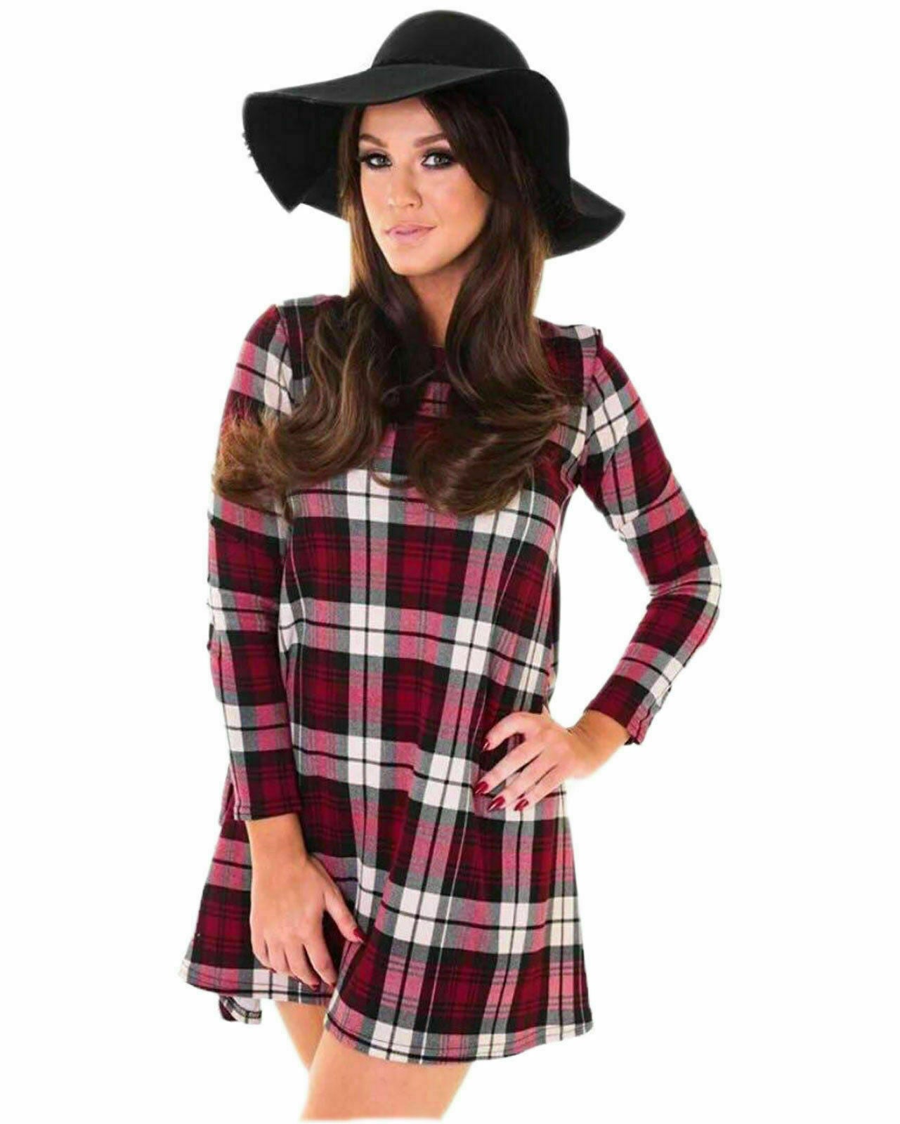 Women Plaid Check Print Swing Skater Dress - Remzs Fashion