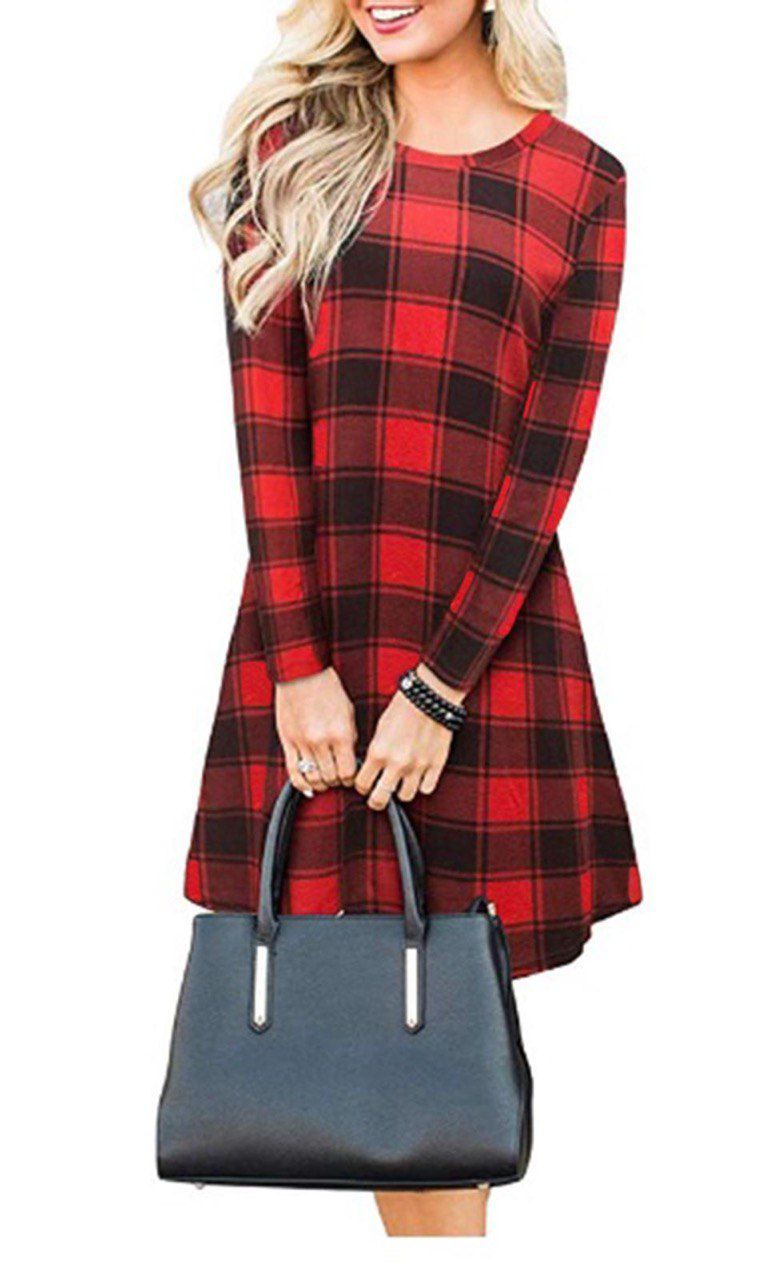 Women Plaid Check Print Swing Skater Dress - Remzs Fashion