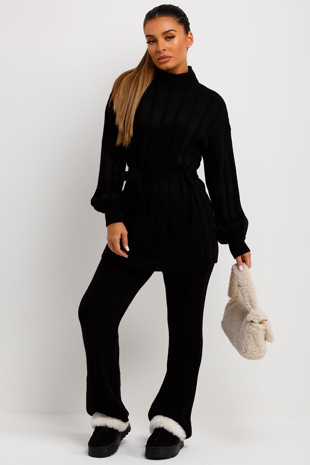 Women's Chunky Knitted Polo High Neck Co - Ord Set - Remzs Fashion