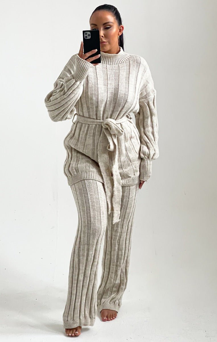 Women's Chunky Knitted Polo High Neck Co - Ord Set - Remzs Fashion