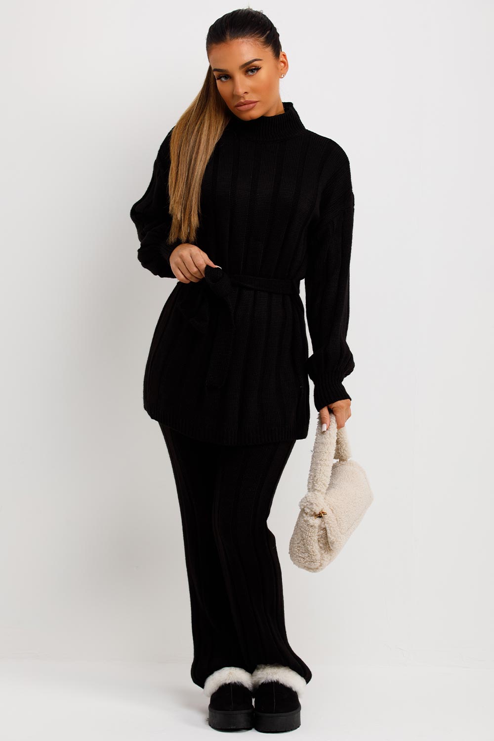 Women's Chunky Knitted Polo High Neck Co - Ord Set - Remzs Fashion