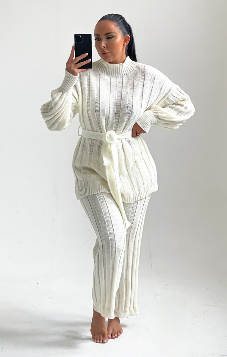 Women's Chunky Knitted Polo High Neck Co - Ord Set - Remzs Fashion