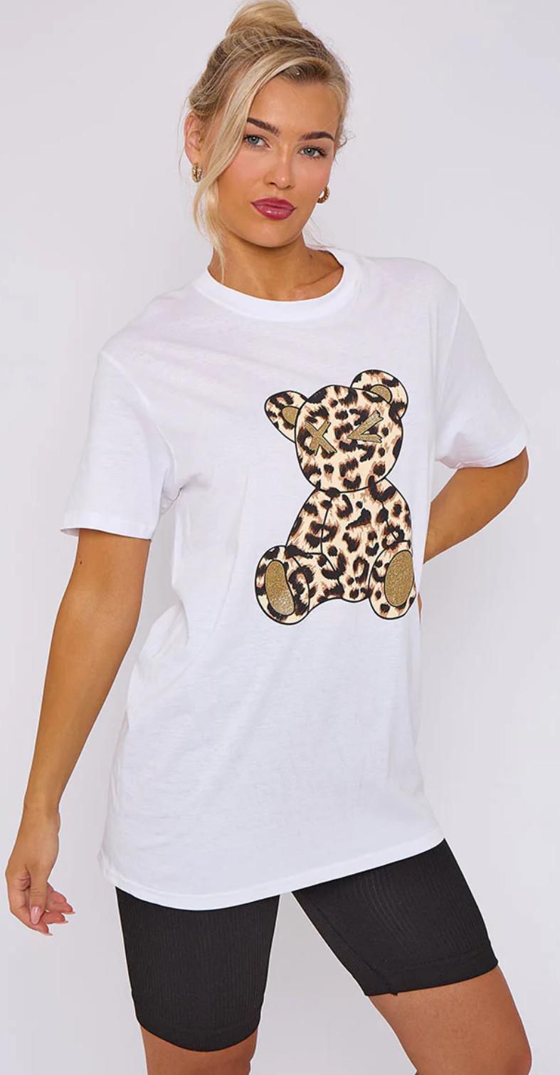 Women’s Ladies short Sleeve Leopard Teddy Graphic Round Neck OverSized Baggy T-Shirt Top - Remzs Fashion