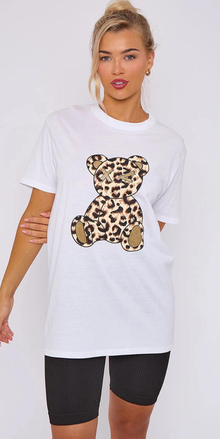 Women’s Ladies short Sleeve Leopard Teddy Graphic Round Neck OverSized Baggy T-Shirt Top - Remzs Fashion